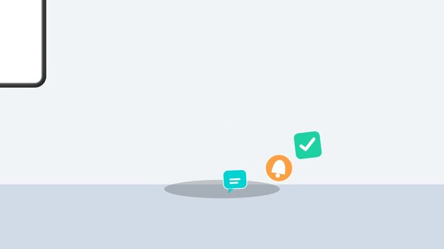 A vibrant modern flat vector motion graphics animation featuring a smartphone lying on a clean, empty office desk. Colorful 2D icons&mdash;including floating calendar sheets, incoming message bubbles, ringi