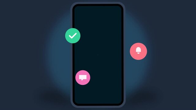 A dynamic 2D vector motion graphic featuring an abstract mobile device resting flat on a minimalist wooden office workspace. Lively digital notification symbols such as digital calendar markers