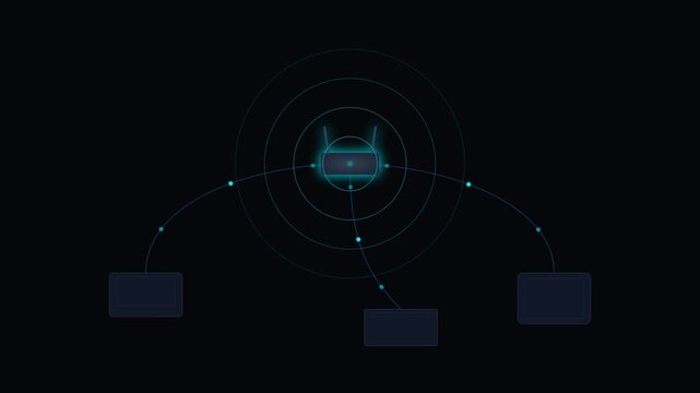 A sleek 2D flat motion graphic featuring a wireless router in a minimalist office environment emitting glowing signal waves across clean desk surfaces toward workstations, tablets, and printers. 
