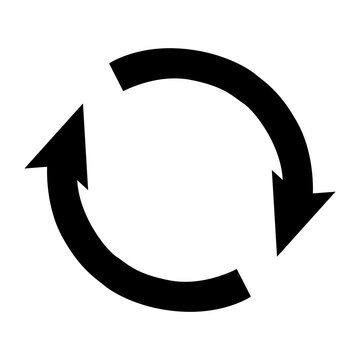 Two curved arrows forming a circular loop symbolizing repeat refresh synchronization or recycling process on white background