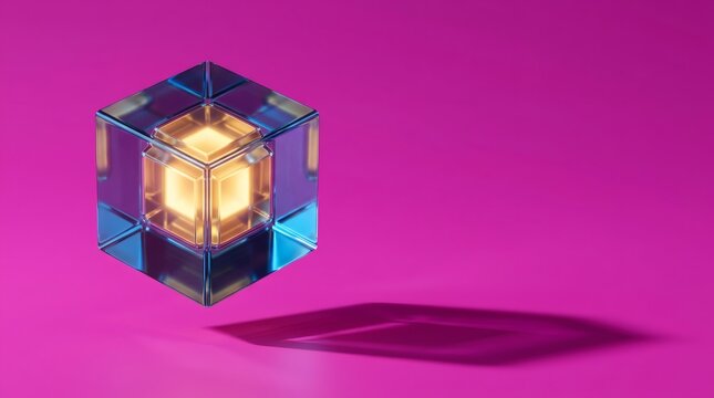 Glowing golden cube encased within a larger blue glass cube on a vibrant pink background.