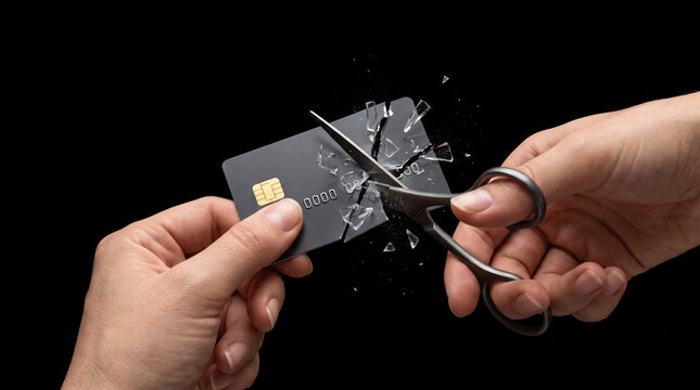 Credit card cut with scissors, shattered fragment against black background. Finance crisis recession problem. bankruptcy bankrupt destroy loss, debt loan pay spending poverty