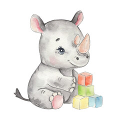 Cute hand drawn watercolor rhino - cute little baby rhinoceros playing with toy blocks, grey character. Hand-drawn illustration for nursery, baby shower, children card, safari animals collection. © NATALIA