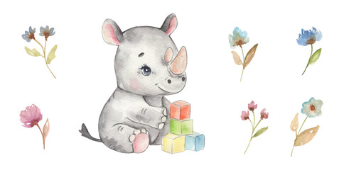Cute hand drawn watercolor rhino - cute little baby rhinoceros playing with toy blocks, grey character. Hand-drawn illustration for nursery, baby shower, children card, safari animals collection. © NATALIA