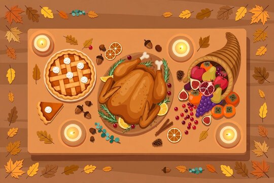 Thanksgiving Dinner Table Overhead &ndash; Roasted Turkey, Pumpkin Pie and Cornucopia Illustration
