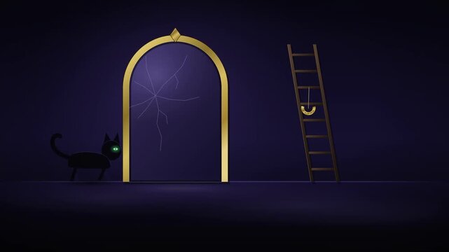 Animated superstition concept featuring a black cat walking past a cracked mirror and under a ladder with a horseshoe