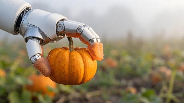 Automated Robotic Arm Harvesting Organic Pumpkin in Field
