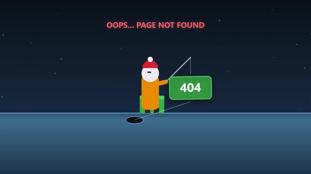 Minimalist vector motion graphic showing a 404 error concept with a character ice fishing for the missing page in a humorous digital design
