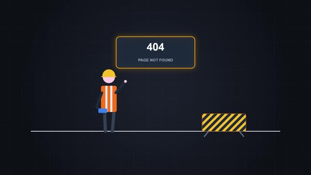 Minimalist 404 Error Vector Motion Graphic Animation Featuring a Construction Worker Character with a Safety Vest and Warning Barrier on a Dark Background for Website Maintenance