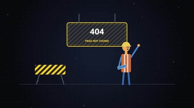 Minimalist 404 Error Vector Motion Graphic Animation Featuring a Construction Worker Character with a Safety Vest and Warning Barrier on a Dark Background for Website Maintenance Concepts