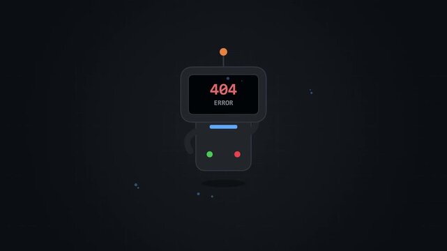 Minimalist 404 Error Motion Graphic Animation Featuring a Cute Robot Character on a Dark Background for Website Interface Design and Digital Concepts