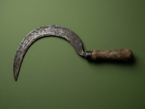 A vintage curved sickle featuring a rustic wooden handle set against a solid green backdrop hand tool farming agricultural implement wood equipment background flat lay