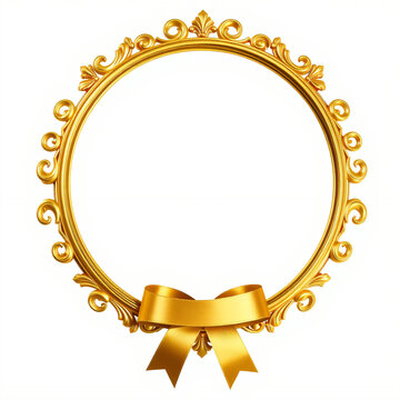 Golden ornate  frame with ribbon isolated PNG, decorative, WHITE BACKGROUND 