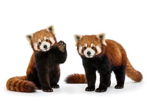 Two adorable red pandas posing together on a clean white background with panda lesser ailurus fulgens wild animal endangered species cute full length portrait high key