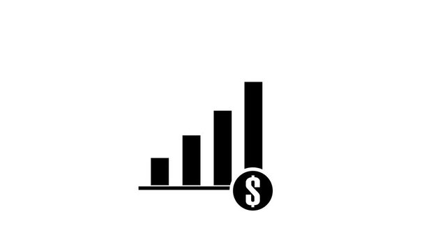 Bar chart animation displays statistical columns beside a currency coin. Capital investment data routes on bar chart. Banking consoles operate with active bar chart.