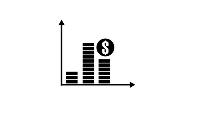 Bar chart animation displays stacked monetary coins across a clean plane. Capital investment growth data routes on bar chart. Banking consoles use active bar chart.