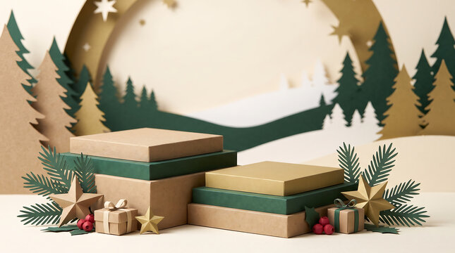 Festive christmas product display podium featuring layered paper craft trees, golden stars, and holiday gifts