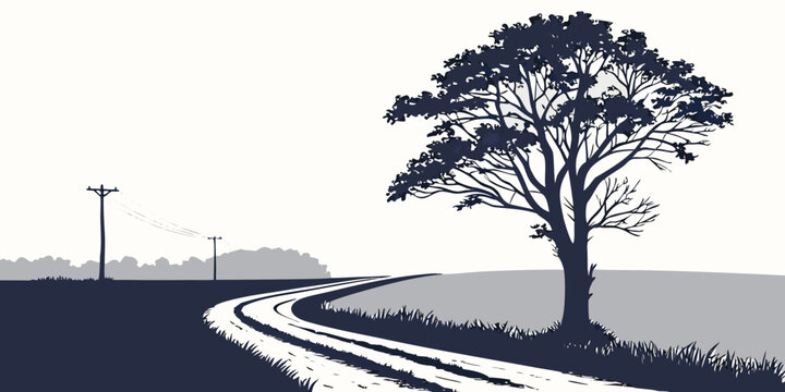 A of a large leafy tree standing beside a winding dirt road with utility poles in a rural landscape under a clear white sky