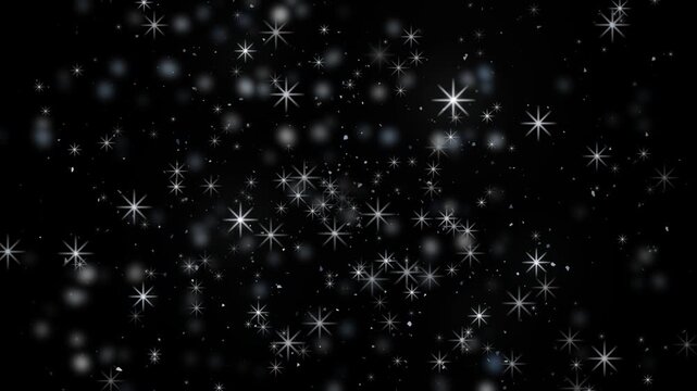 Silver sparkles pop outward twice over pure black in a short snappy burst with every flake flashing as it turns made to layer onto titles in Screen or Add blend mode