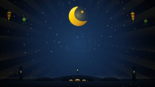Loopable animated night sky background featuring crescent moon, shining star, hanging lanterns, ketupat, and mosque silhouette for Eid al-Fitr and Ramadan celebrations.