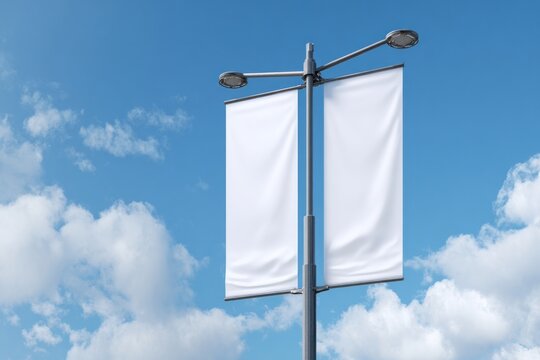 Blank banners against blue sky.