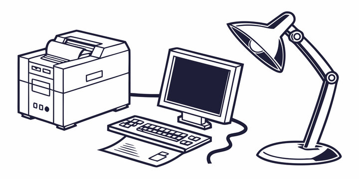 Black and white line of a computer workstation featuring a monitor, keyboard, and a desk lamp, next to a large office printer unit