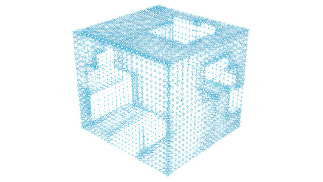 Abstract digital glowing blue wireframe cube constructed from complex technological dot matrix patterns rendered on transparent background