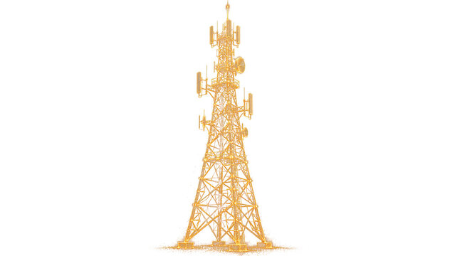 Glowing golden digital telecommunication tower structure representing modern global wireless communication network technology on transparent background