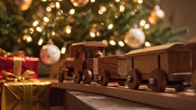 Vintage wooden toy train with small freight wagons moving slowly on a track beside christmas gifts under a glowing christmas tree, warm festive lights and cinematic bokeh.