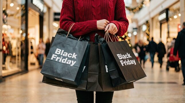 Woman holding multiple shopping bags in indoor shopping mall during busy shopping event with area festive decorations person carries several brightly lit indoor black shopping storefronts sweater
