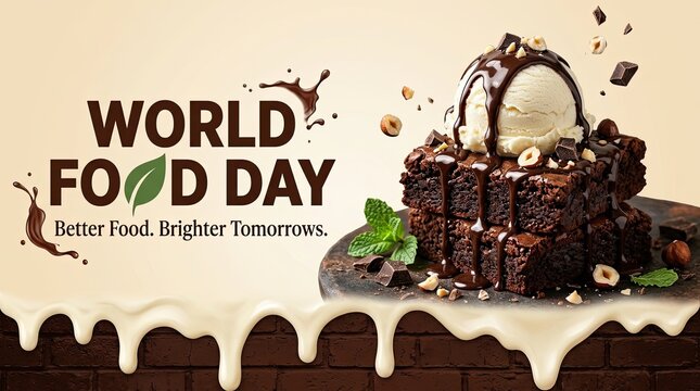 Decorated chocolate dessert with ice cream topping on world food day celebration display with cream garnishes highlights dessert slice topped presentation celebratory chocolatey appetizing sweet