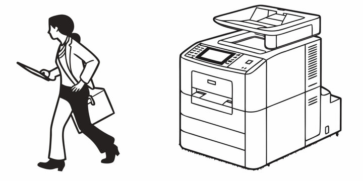 Black and white of a woman walking with a briefcase and a large office printer or copier machine on a white background