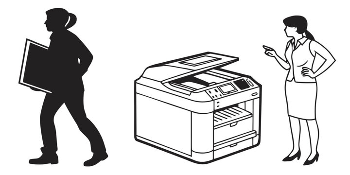 Black and white of a woman carrying a frame and a businesswoman standing next to a large office printer on white background
