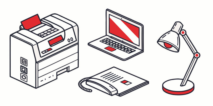Office equipment collection including a large printer, a laptop computer, a landline telephone, and a desk lamp, rendered in line with red