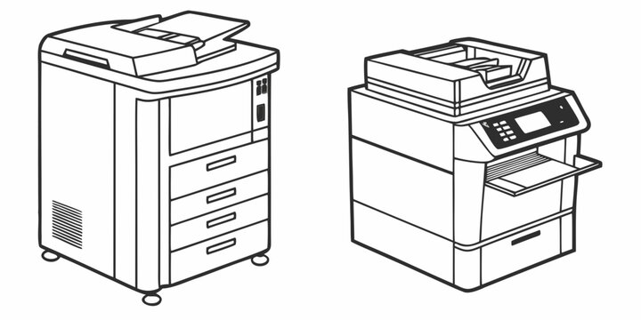 Two large office multifunction printers or copiers with paper trays and control panels, illustrated in a clean black and white line style