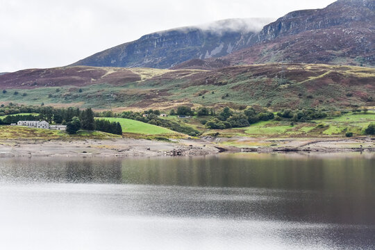 Drought, reservoir in Wales affected by climate change and global warming, with extremely low water levels .