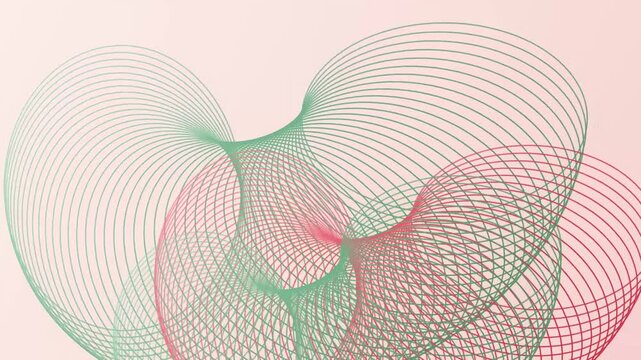 Abstract dynamic spiral wave motion formed by elegant green and red lines on soft pink background.