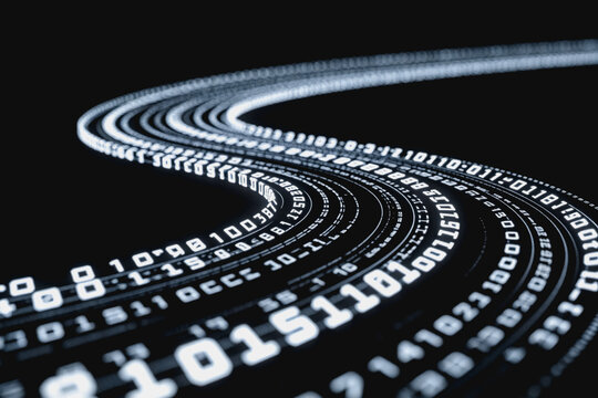 Curved glowing digital data streams with binary numbers form a layered abstract graphic on a dark background, representing data flow and technology.