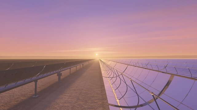 Drone Glide Along Parabolic Trough Solar Mirror Rows at Sunset Seamless Loop