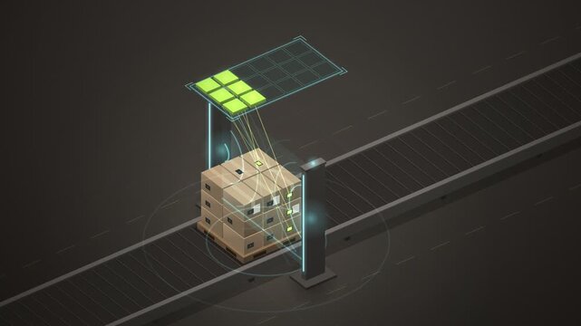 RFID Portal Scanning Pallet Cartons Inventory Grid Fill Animation