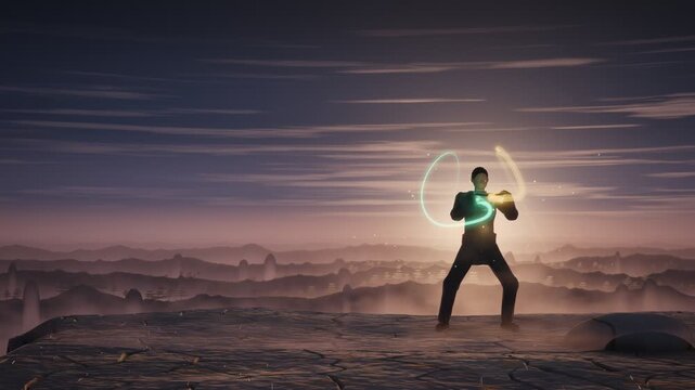 Tai Chi Practitioner With Flowing Energy Ribbons at Mountain Sunrise Seamless Loop