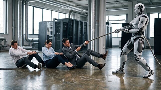 Employees engaged in a competitive tug of war against an advanced humanoid robot in a large data center.
