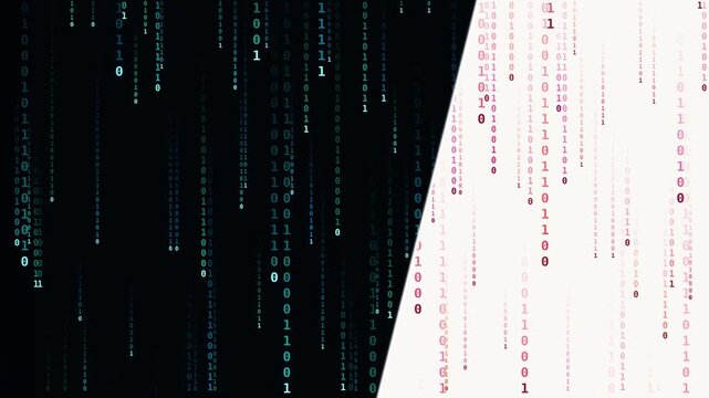 Digital binary code falling on black and white split background animation