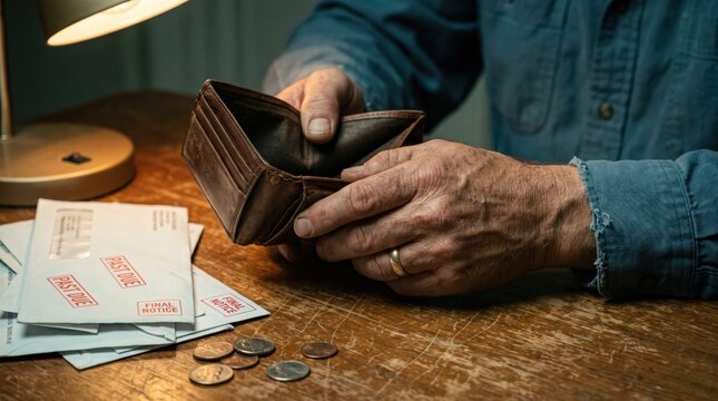 Close-up of a man's weathered hands opening an empty wallet next to unpaid envelopes stamped past due and final notice and scattered coins, showing debt and poverty.