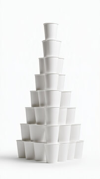 A lot of plastic cups for coffee stands on each other in pyramid three metres high, twenty rows, white studio background 