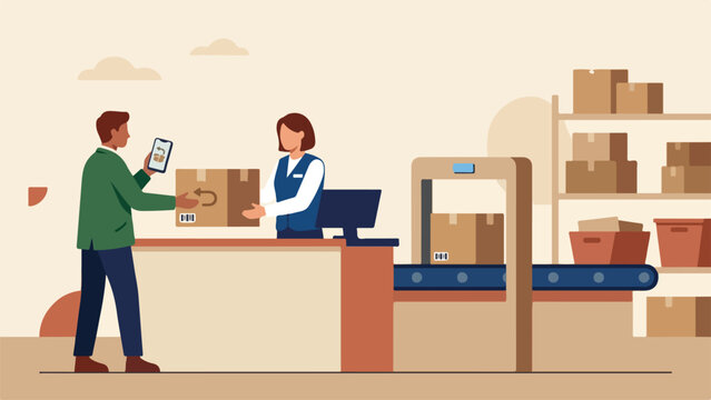 Retail product return service with customer handing parcel to clerk at store counter, flat vector illustration of omnichannel reverse logistics fulfillment