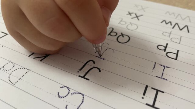 Macro close up view of child hand practicing cursive letter J tracing with pen on dotted line alphabet worksheet page for primary school education.