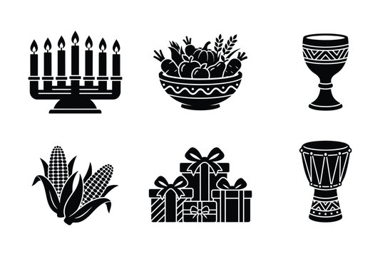 Harvest festival icons with menorah cornucopia goblet drum and gifts in silhouette style