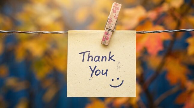 Yellow sticky note with thank you message and smiley face hanging on wire with autumn leaf background.