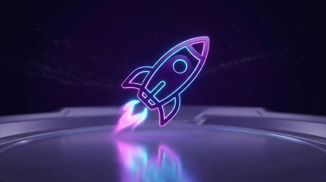 neon rocket icon with vibrant purple and pink glow launching from metallic platform in dark space.